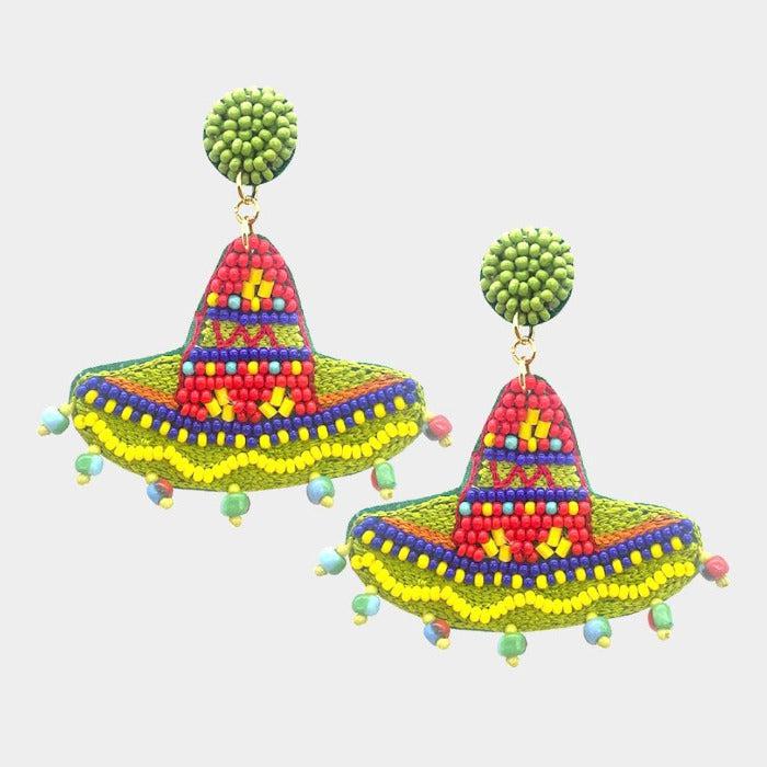 Sombrero Felt Back Seed Beaded Dangle Earrings-Earring-SPARKLE ARMAND