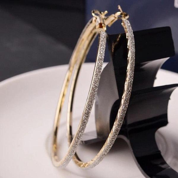 Sparkly Gold Tone Hoop Earrings 2.25"