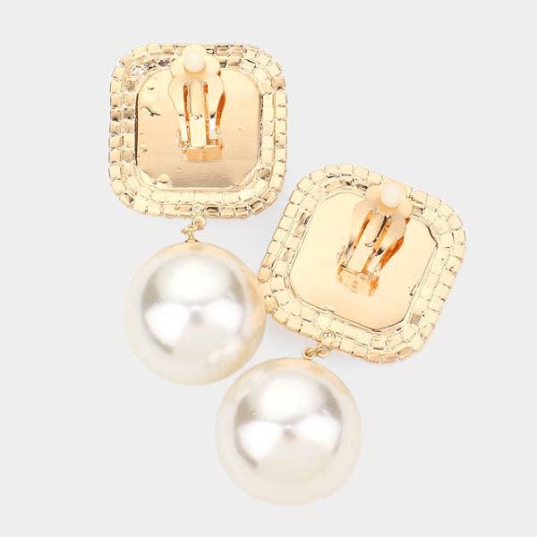 Square Aurora Borealis Stone Pearl Link Dangle Clip on Earrings