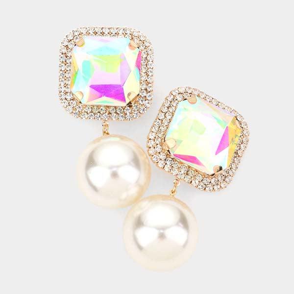 Square Aurora Borealis Stone Pearl Link Dangle Clip on Earrings