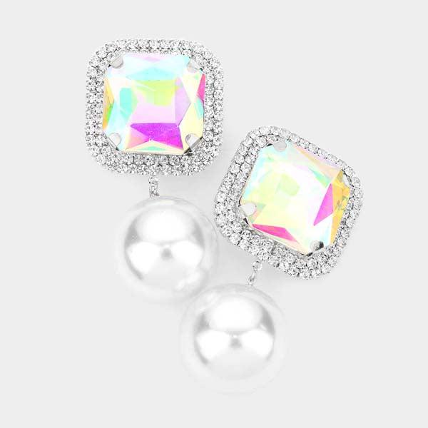 Square Aurora Borealis Stone Pearl Link Silver Clip on Earrings