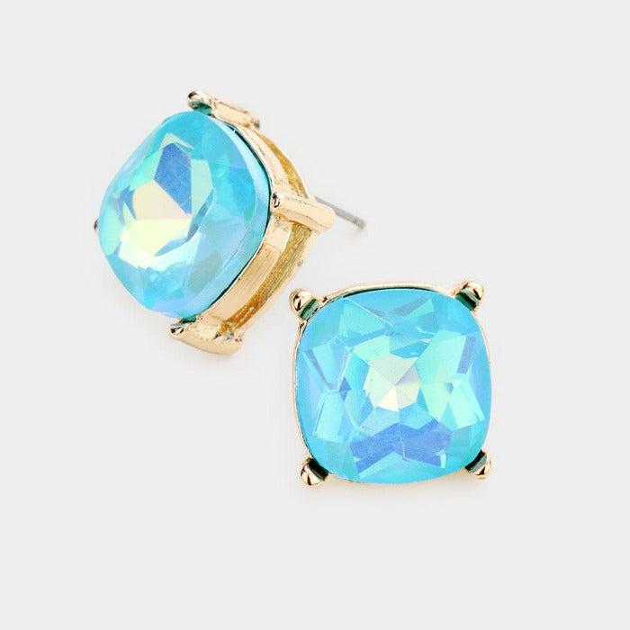 Square Light Blue Stone Stud Earrings-Earring-SPARKLE ARMAND