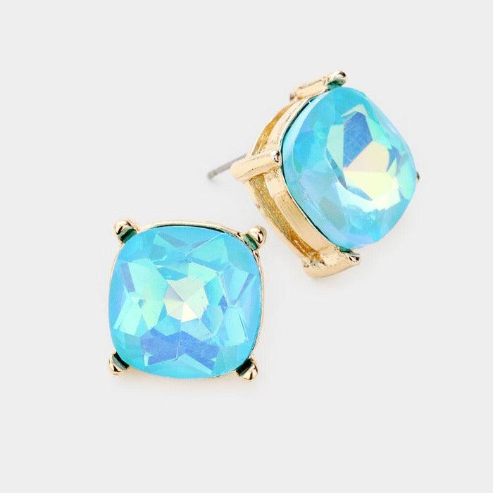 Square Light Blue Stone Stud Earrings-Earring-SPARKLE ARMAND