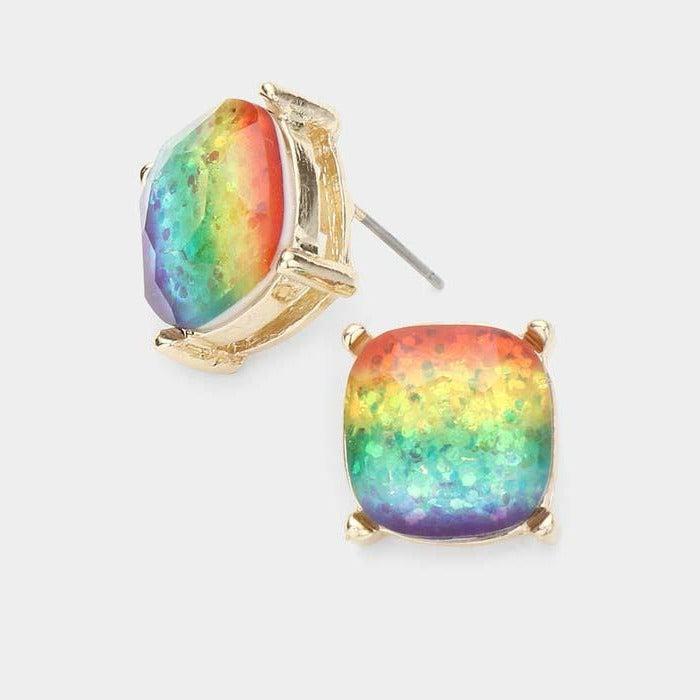Square Rainbow Glitter Stone Stud Earrings