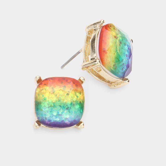 Square Rainbow Glitter Stone Stud Earrings