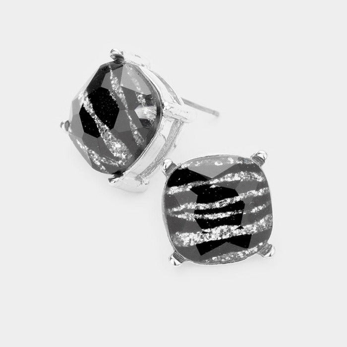 Square Zebra Stone Silver Stud Earrings-Earring-SPARKLE ARMAND