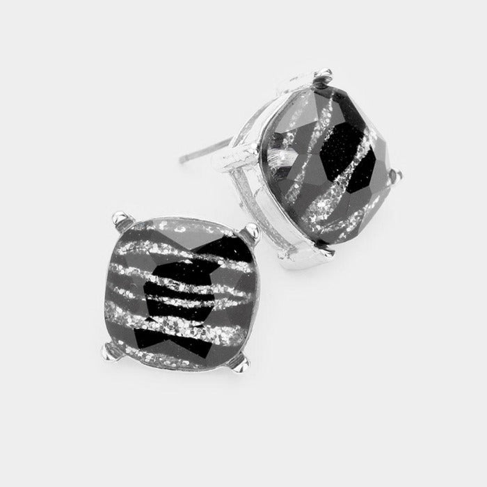 Square Zebra Stone Silver Stud Earrings-Earring-SPARKLE ARMAND