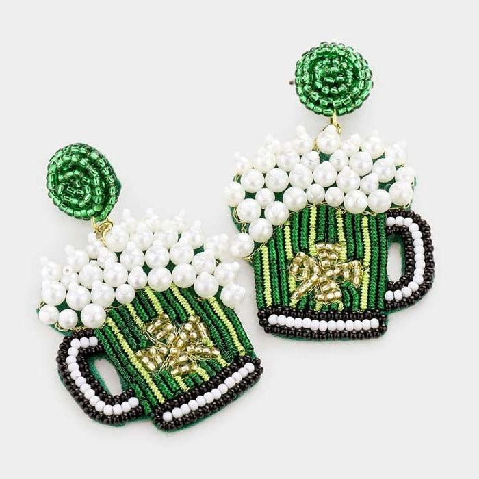 St. Patrick's Day Clover Accented Beer Dangle Earrings