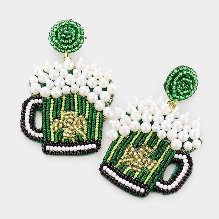 St. Patrick's Day Clover Accented Beer Dangle Earrings