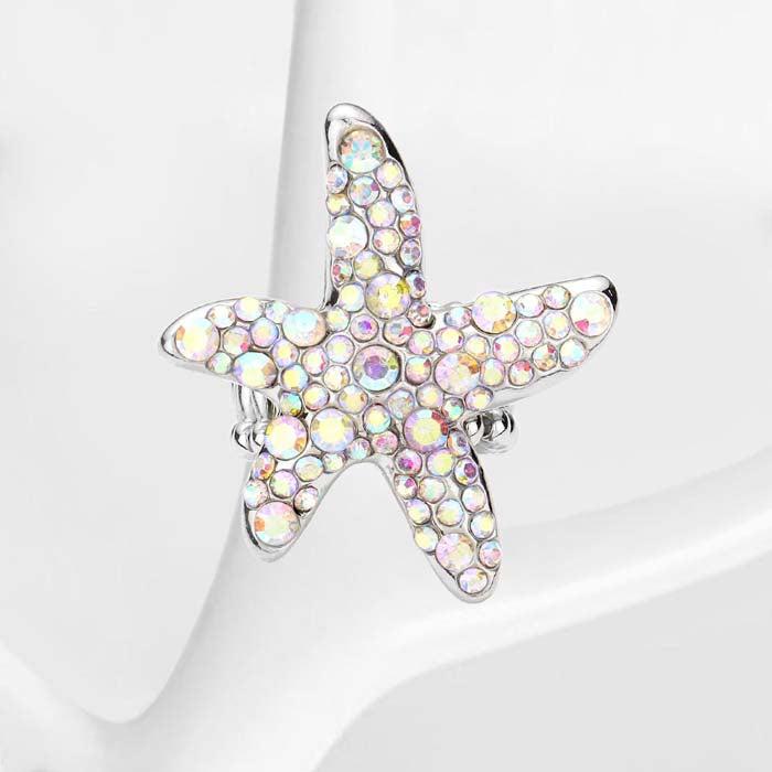 Starfish Bubble Abalone Stone Embellished Silver Stretch Ring