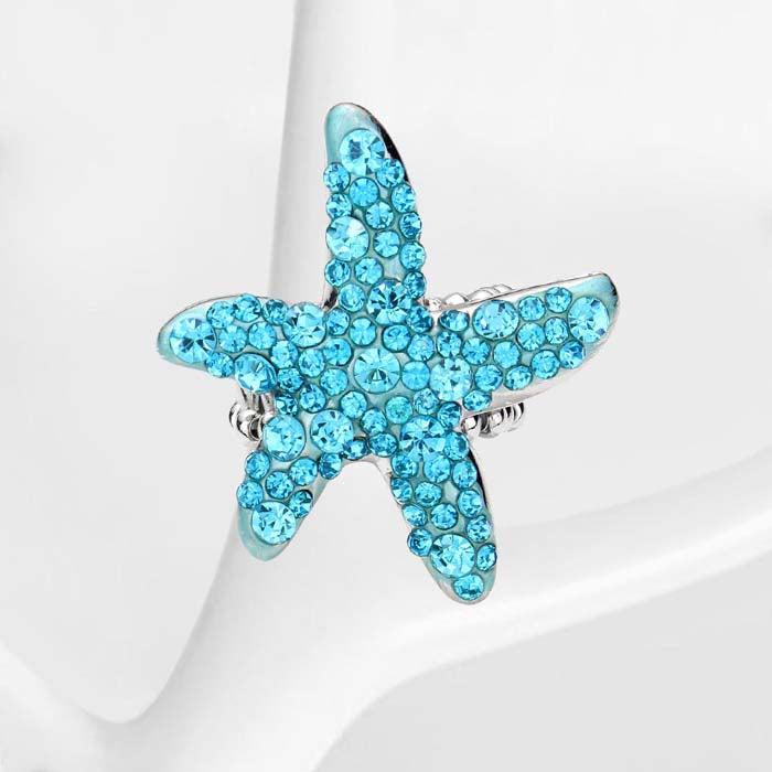 Starfish Bubble Aqua Blue Stone Embellished Silver Stretch Ring