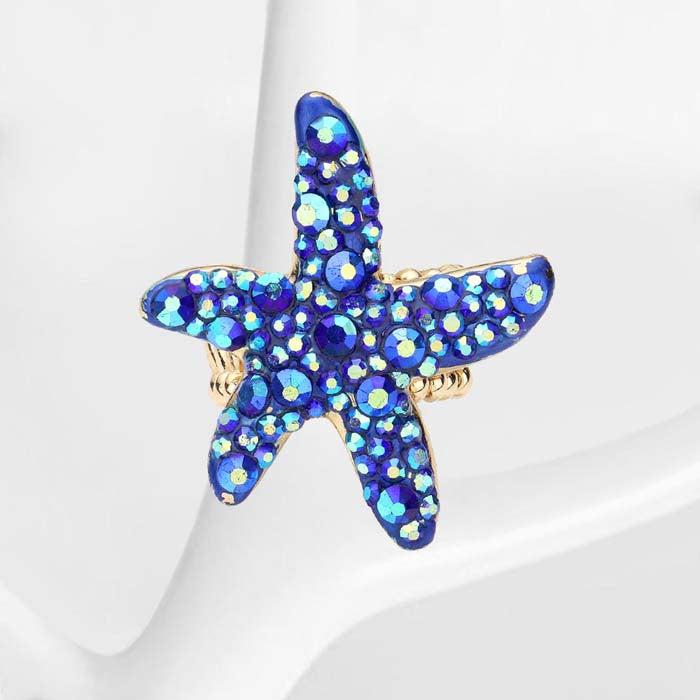 Starfish Bubble Blue Stone Embellished Stretch Ring