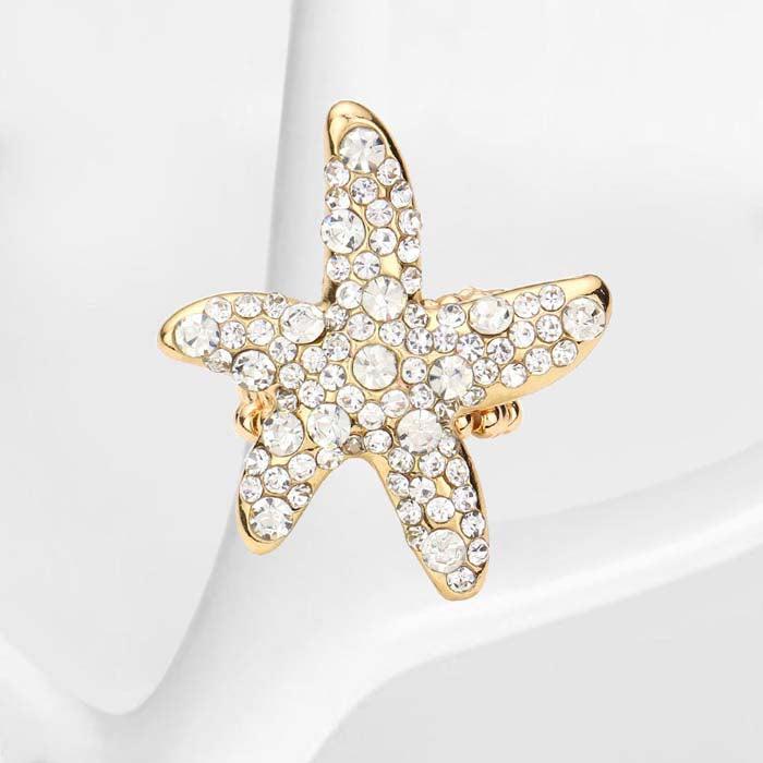 Starfish Bubble Clear Stone Embellished Gold Stretch Ring