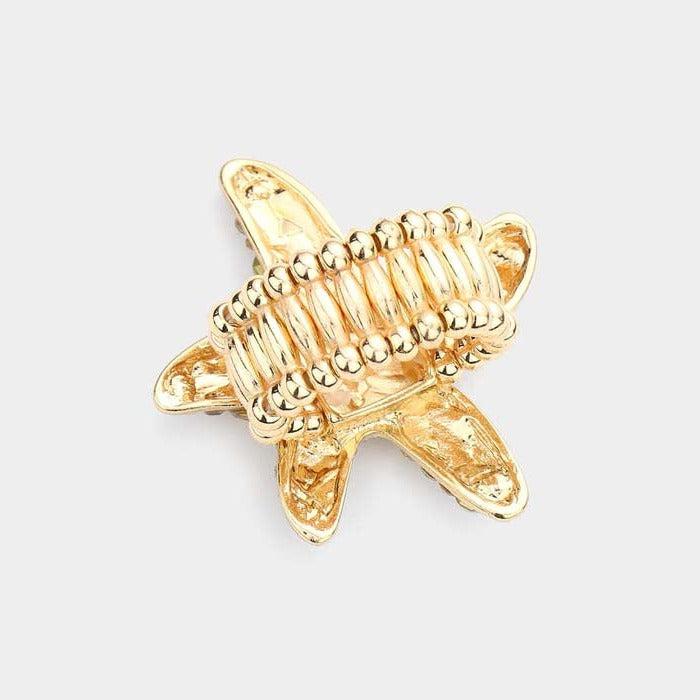Starfish Bubble Green Stone Embellished Gold Stretch Ring