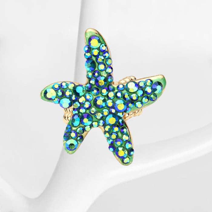 Starfish Bubble Green Stone Embellished Gold Stretch Ring