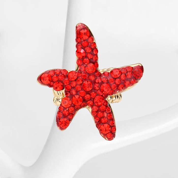 Starfish Bubble Red Stone Embellished Gold Stretch Ring