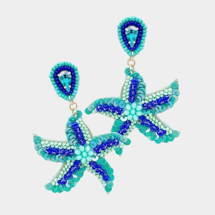 Starfish Teal Blue Seed Bead Earrings