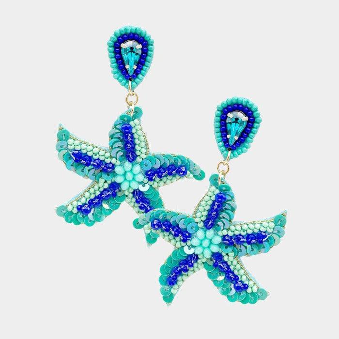 Starfish Teal Blue Seed Bead Earrings
