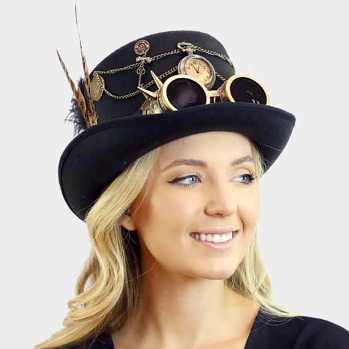 Steampunk Feather Watch Goggle Hat