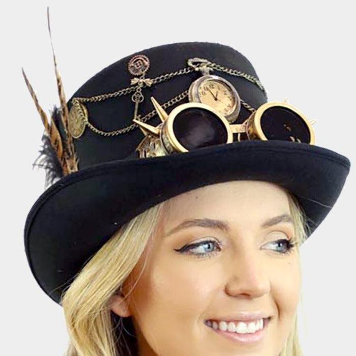 Steampunk Feather Watch Goggle Hat