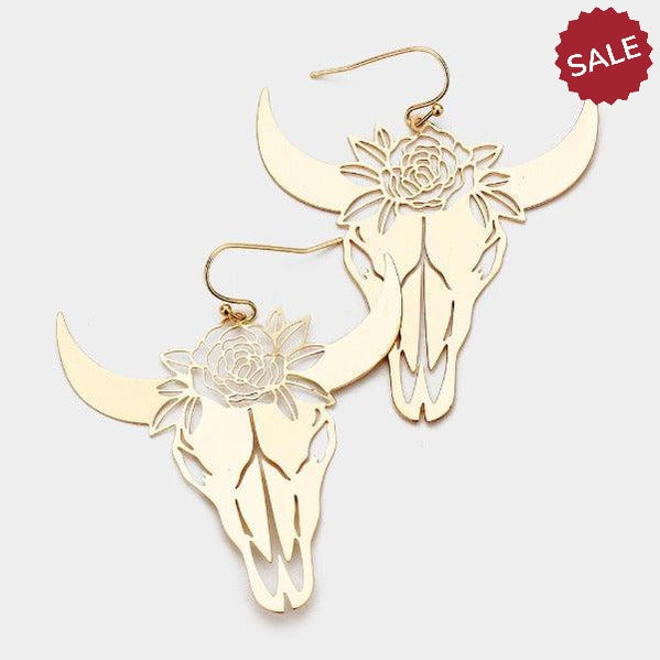 Steer Head Cut Out Flower Gold Earrings