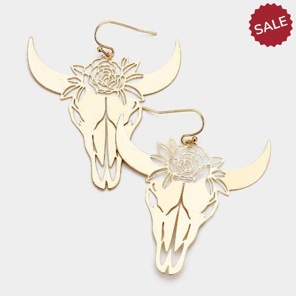Steer Head Cut Out Flower Gold Earrings