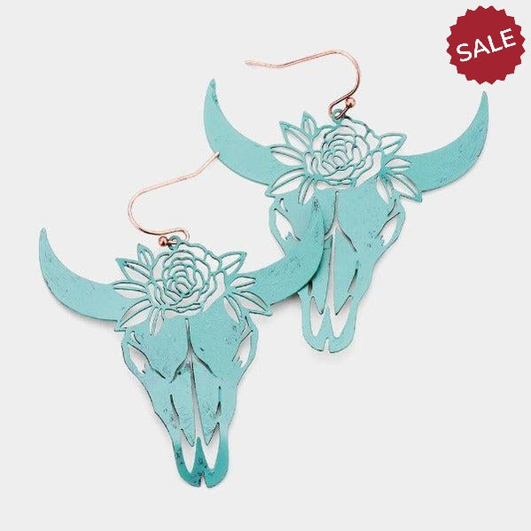 Steer Head Cut Out Flower Patina Verdigris Earrings