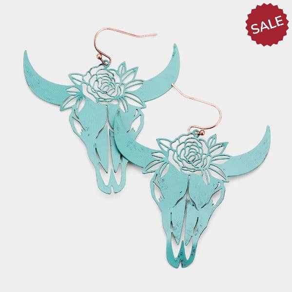 Steer Head Cut Out Flower Patina Verdigris Earrings