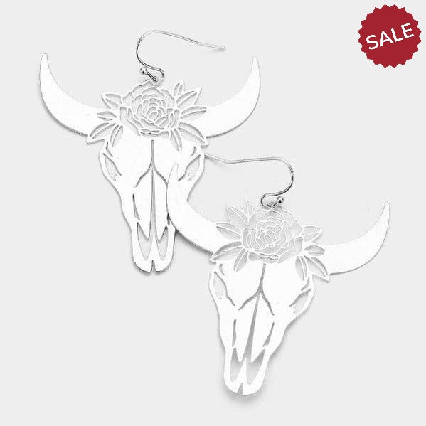 Steer Head Cut Out Flower Silver Earrings