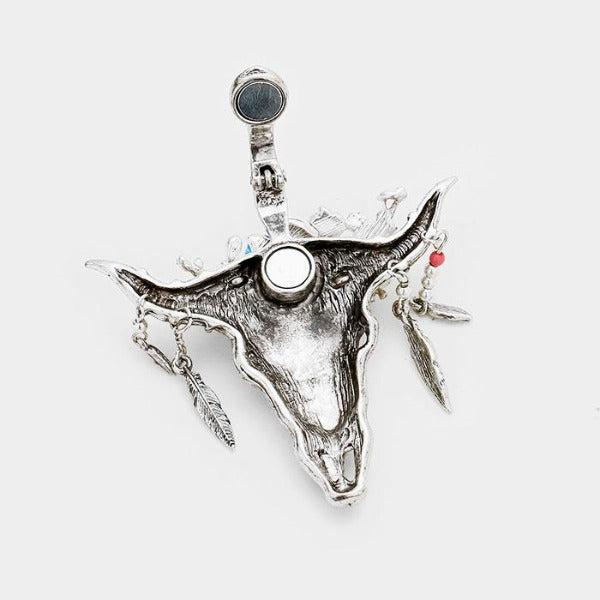 Steer Head Floral Pattern Pendant Necklace & Earring Set