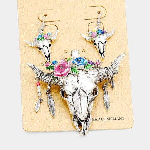 Steer Head Floral Pattern Pendant Necklace & Earring Set