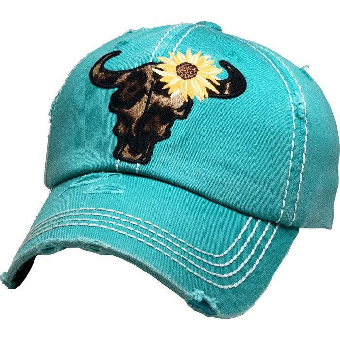 Steer Head Sunflower Vintage Blue Baseball Cap-Hat-SPARKLE ARMAND