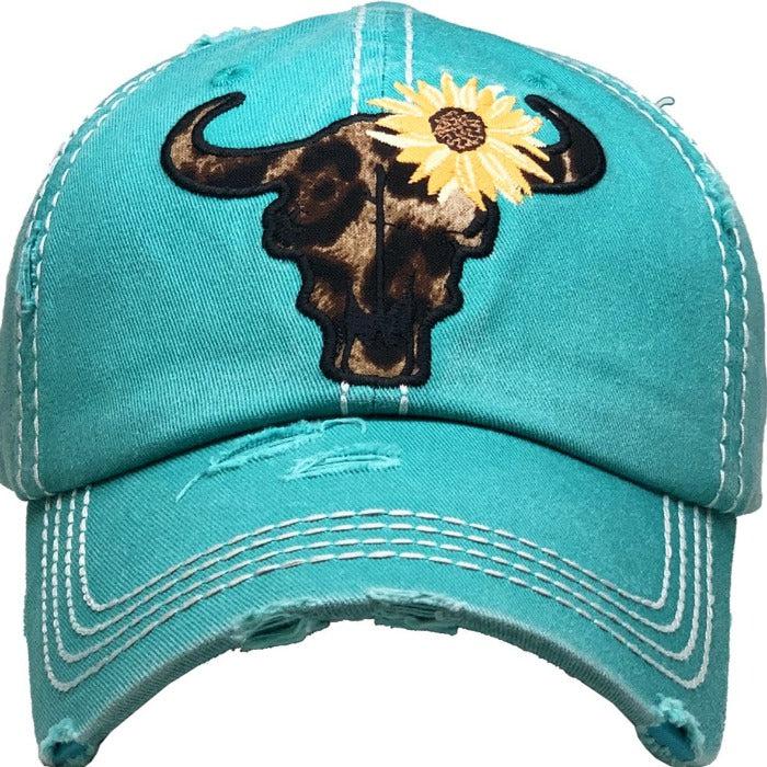 Steer Head Sunflower Vintage Blue Baseball Cap-Hat-SPARKLE ARMAND