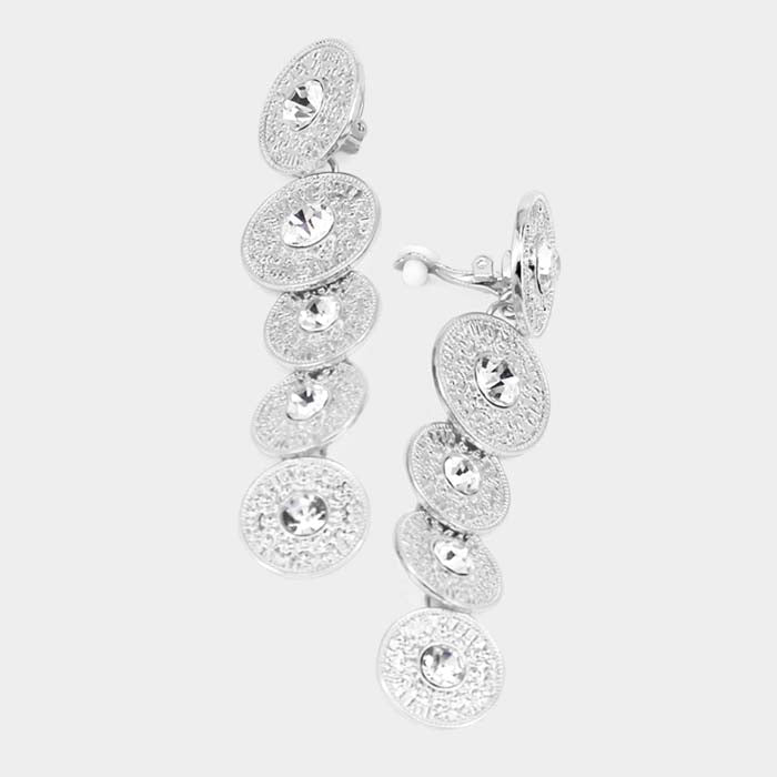 Stone Centered Metal Coin Link Clip On Earrings