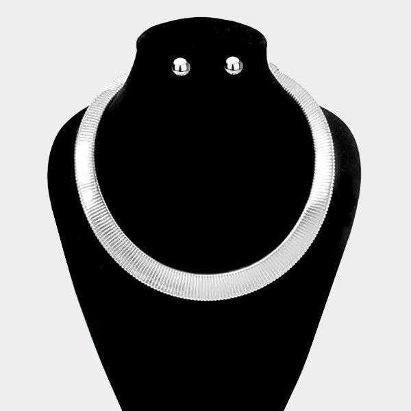 Stripe Embossed Silver Metal Necklace & Earrings-Necklace-SPARKLE ARMAND