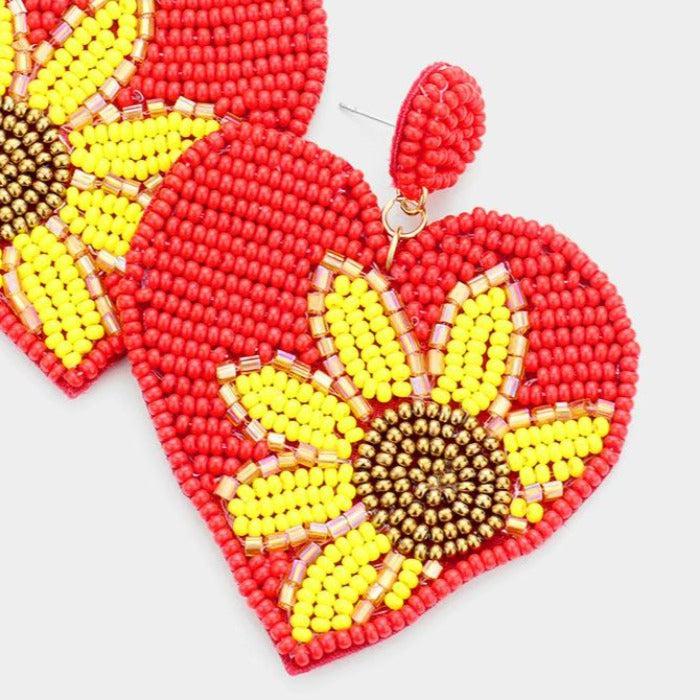 Sunflower Heart Seed Bead Earrings-Earring-SPARKLE ARMAND