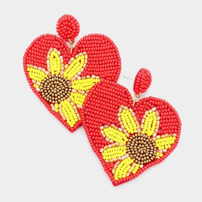 Sunflower Heart Seed Bead Earrings-Earring-SPARKLE ARMAND