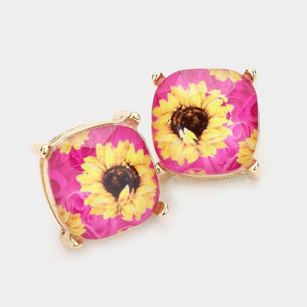 Sunflower Printed Pink Square Stud Earrings