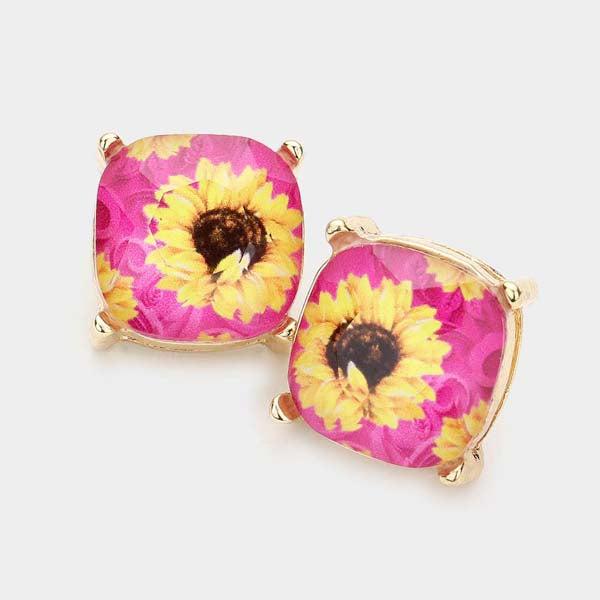 Sunflower Printed Pink Square Stud Earrings