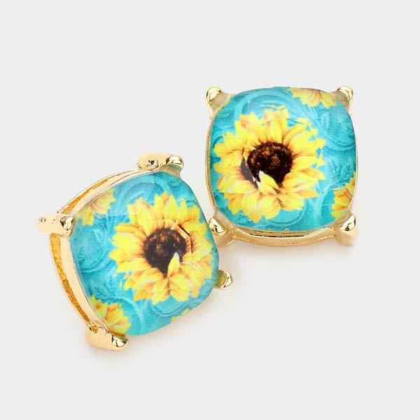 Sunflower Printed Turquoise Square Stud Earrings