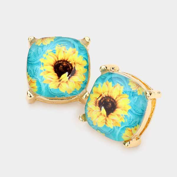 Sunflower Printed Turquoise Square Stud Earrings