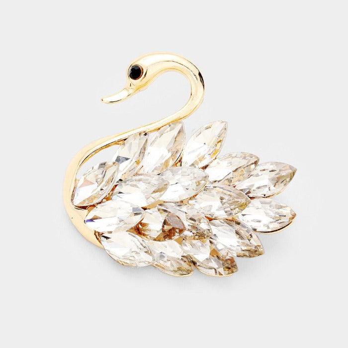 Swan Clear Marquise Crystal Gold Pin Brooch