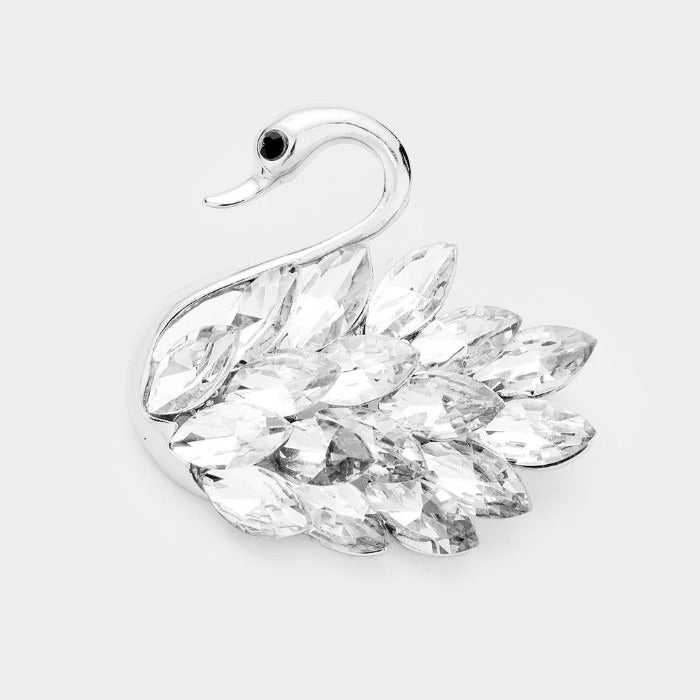 Swan Clear Marquise Crystal Silver Pin Brooch