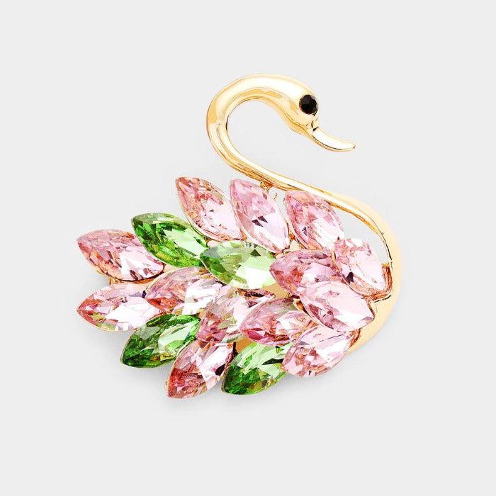 Swan Pink & Green Marquise Crystal Pin Brooch