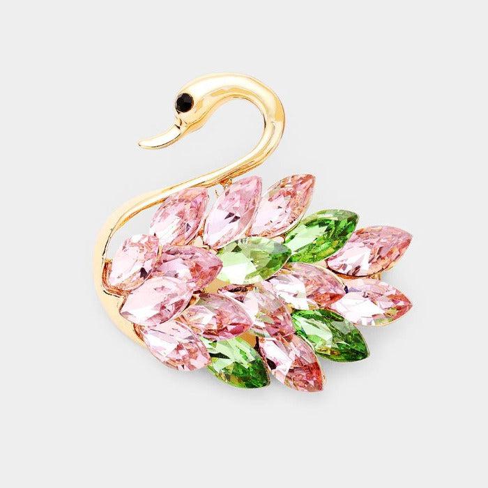 Swan Pink & Green Marquise Crystal Pin Brooch