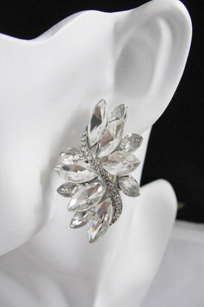 Swirl Clear Marquise Crystal Silver Clip On Earrings