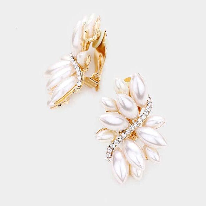 Swirl Faux Pearl Marquise Crystal Clip On Earrings