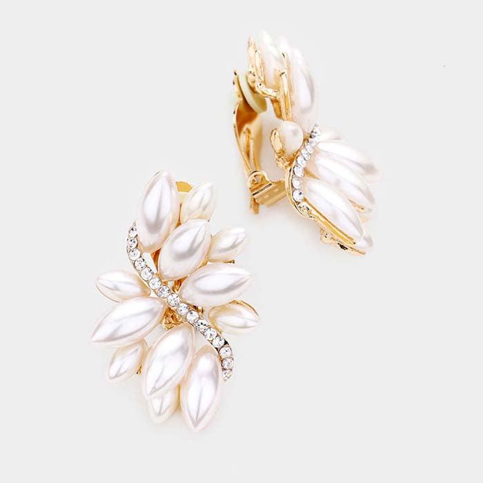 Swirl Faux Pearl Marquise Crystal Clip On Earrings