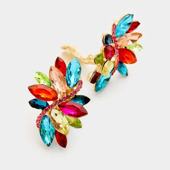 Swirl Multi Color Marquise Crystal Clip On Earrings-Earring-SPARKLE ARMAND