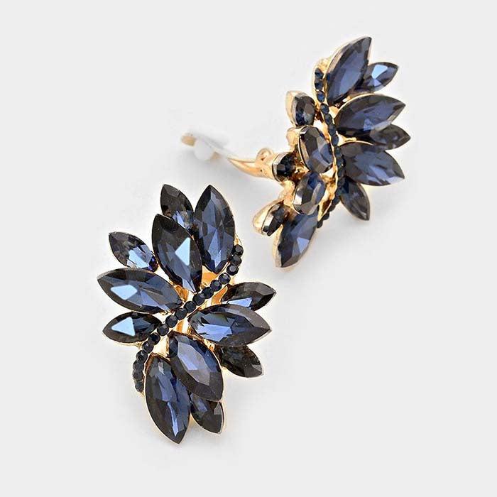 Swirl Navy Blue Marquise Crystal Clip On Earrings